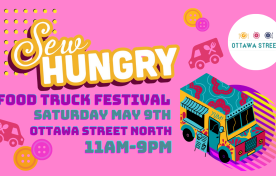 Sew Hungry May 19 2026. Cartoon illustration of a food truck