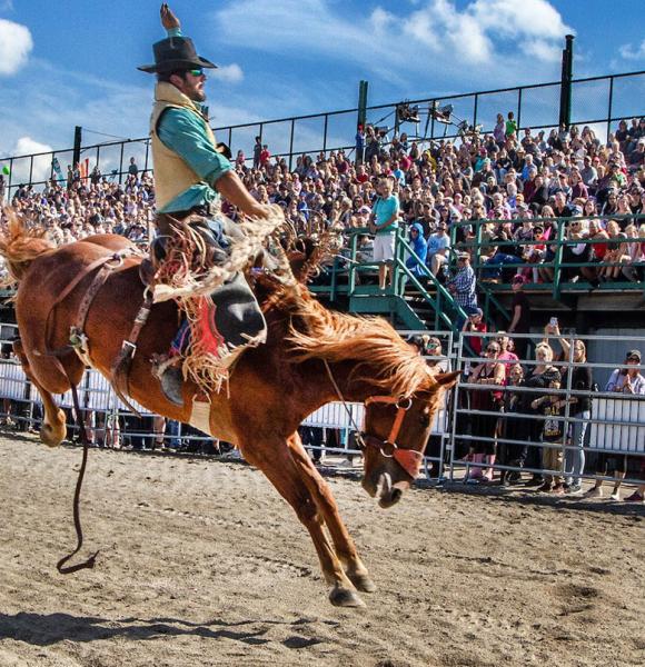 Outdoor horse rodeo with spectators in the bleachers