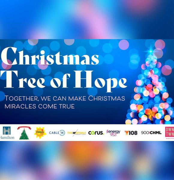 Text "Christmas tree of hope" on a background of an illustration of a christmas tree made of colourful circles