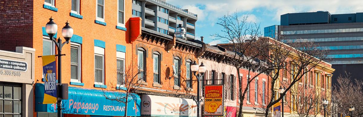 Businesses with signs along King Street in Hamilton