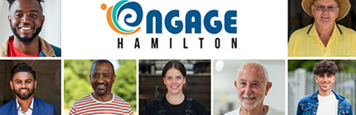 mosaic of people of different ages, genders, ethnicity with Engage Hamilton logo