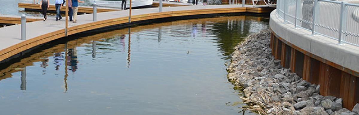 Gateway Park showing boardwalk and transient docks on Pier 8