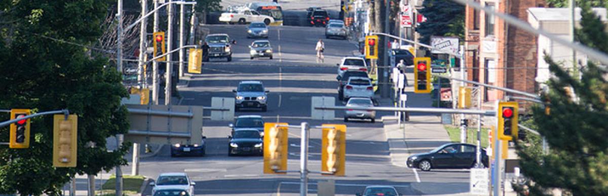 View of James Street from St. Joes to Lake with traffic and traffic signals