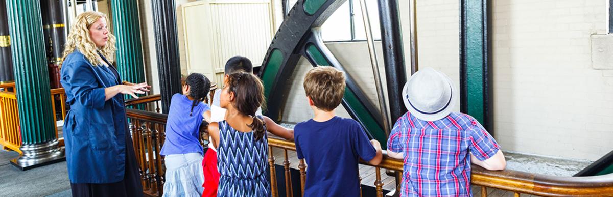 Children on tour of steam museum pumphouse