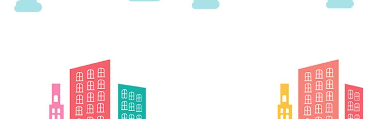 illustration of multi-colour buildings under sun and clouds