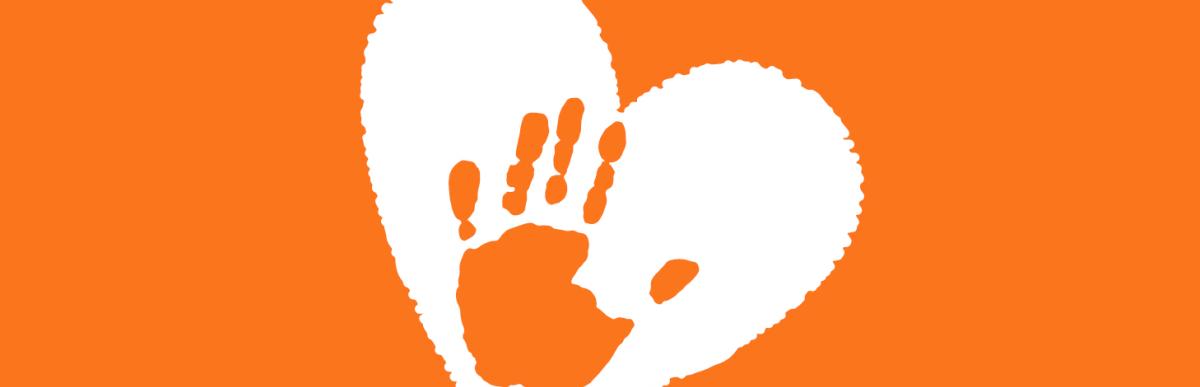 National Day for Truth and Reconciliation and Orange Shirt Day - a white heart with an orange handprint inside of it, on a solid orange background