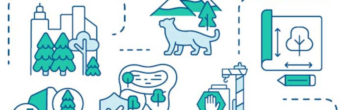 Promotion for Engage Hamilton of icons representing natural areas with community planning