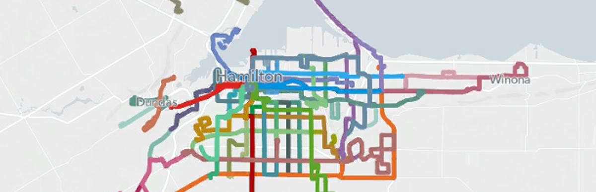 multi-colour transit routes on a map of hamilton
