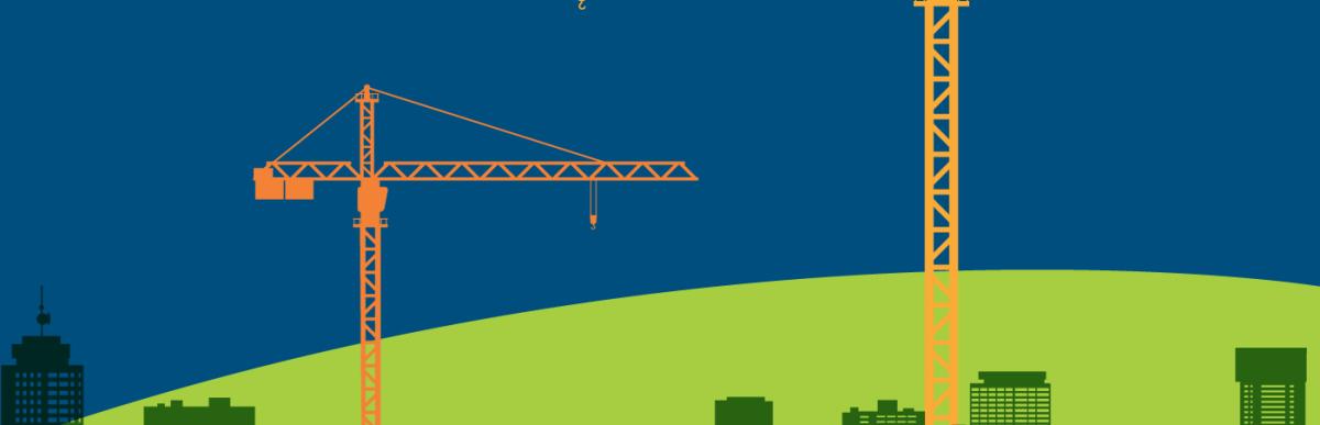 illustration of cranes above a city scape on a ble and green background