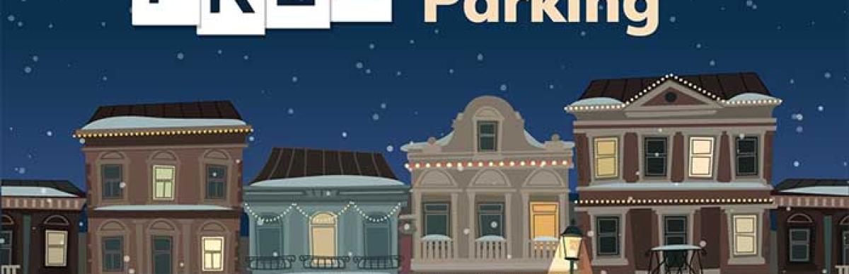 Illustration of cars parked on a street in front of stores. free pre-holiday parking