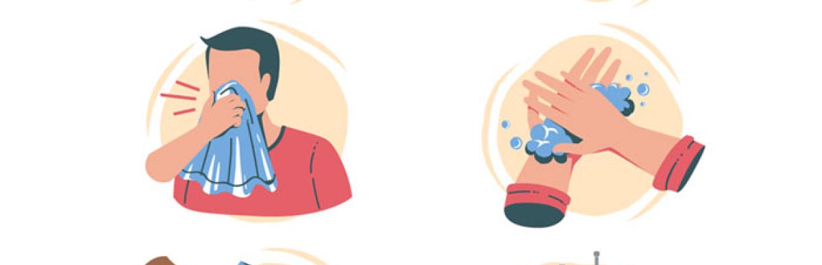 drawing depicting  people blowing their noses, washing hands, spraying cleaners, receiving a vaccine and wearing masks.