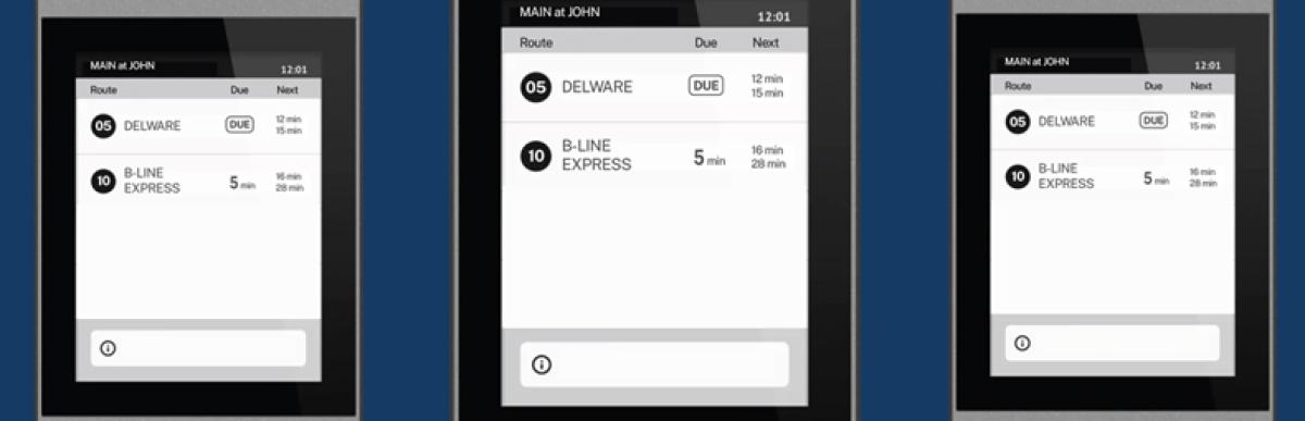 three real-time bus displays on a blue background