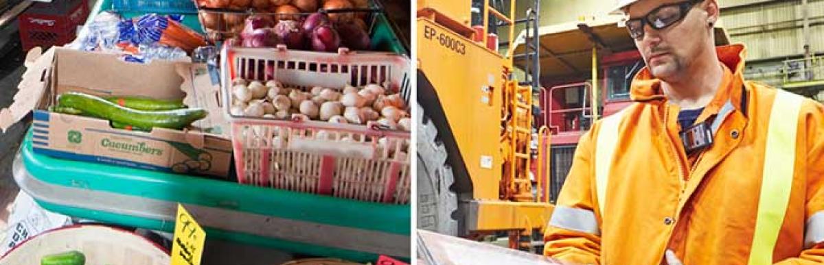Farm stand vegetables and construction worker