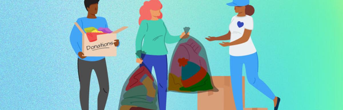 Illustration showing two people donating bags and boxes of textiles to a volunteer