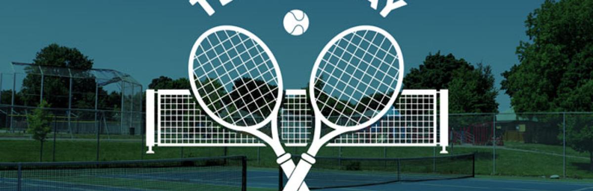 Tennis Day in the City of Hamilton. Two crossed tennis rackets over a tennis court with a blue gradient over top