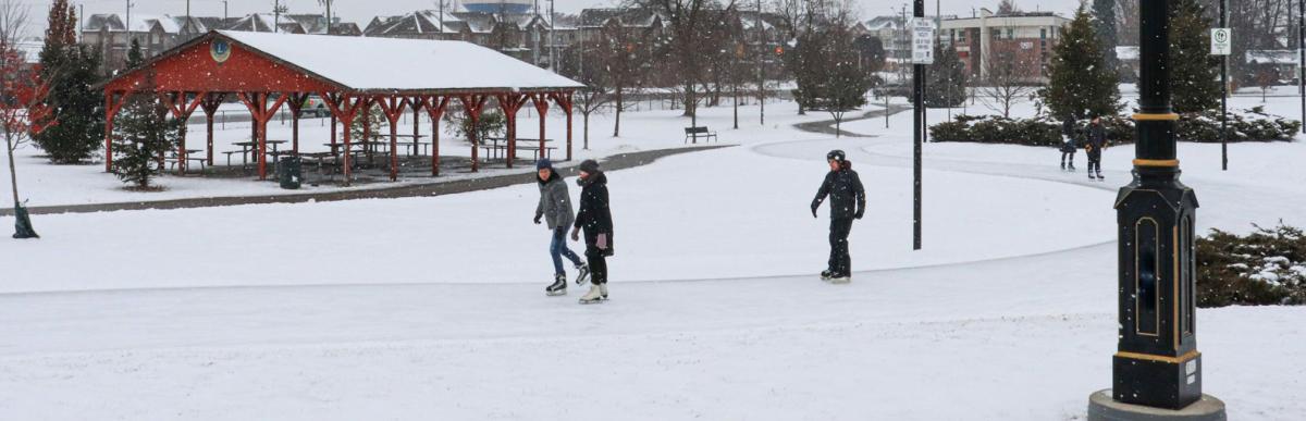 Waterdown skating loop on a snowy winter day with 3 people ice skating on it