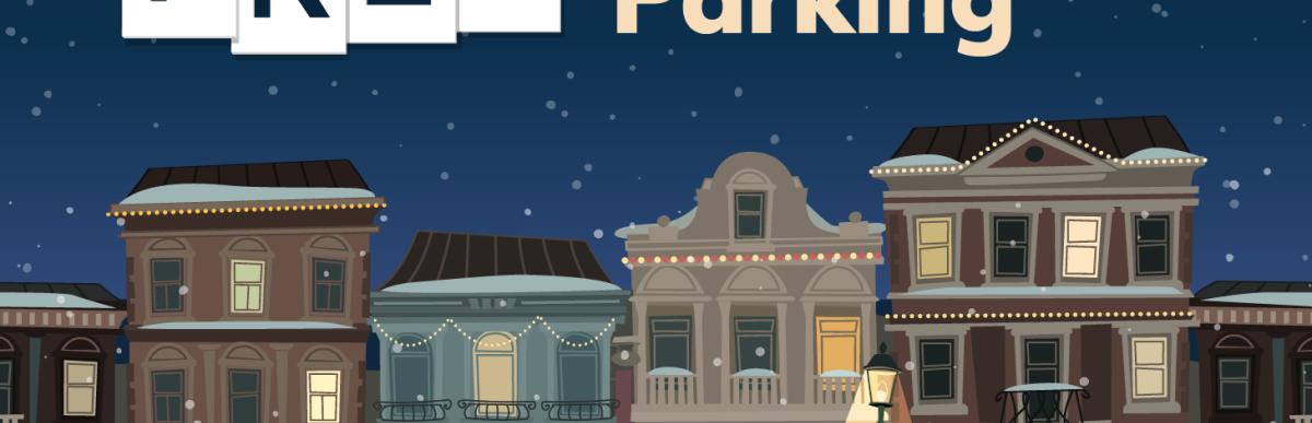 Illustration of cars parked on a street in front of stores. free pre-holiday parking