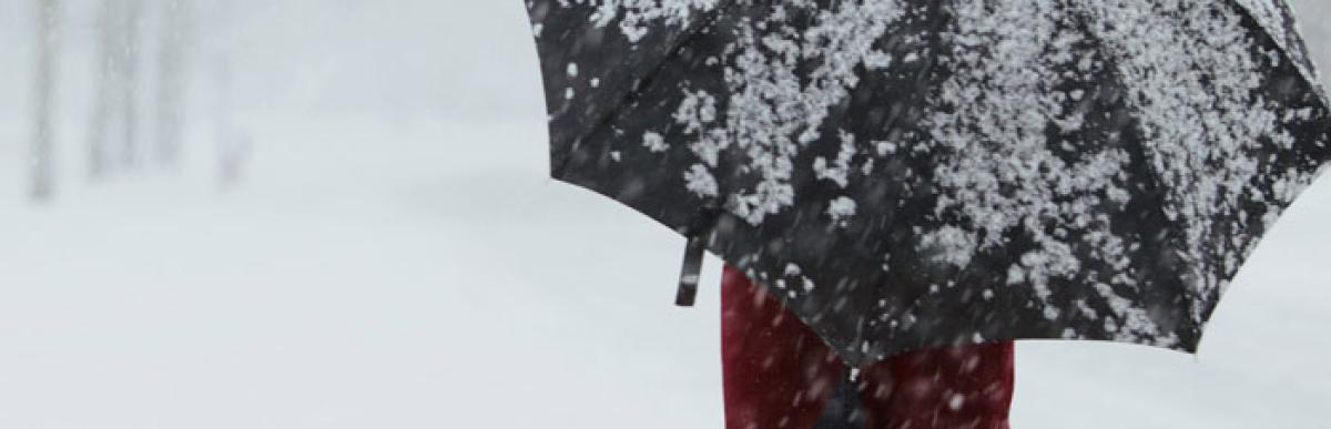 Person standing outside on a snowy day holding an umbrella up