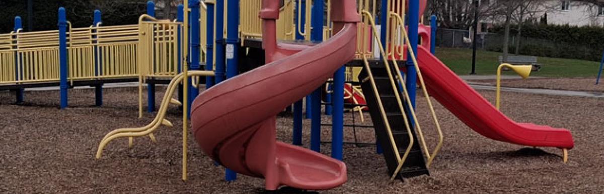 Existing playground equipment at Carpenter Park on a foggy spring day
