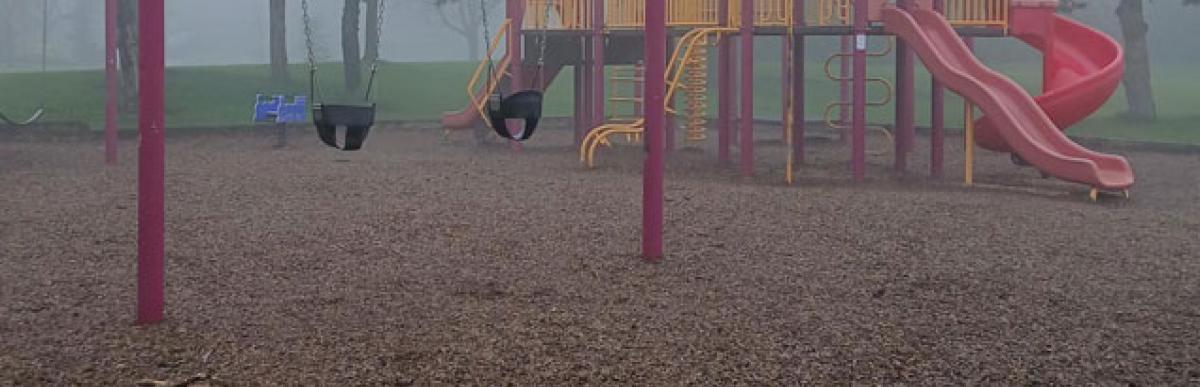 Existing Paramount Park playground structure on a foggy day