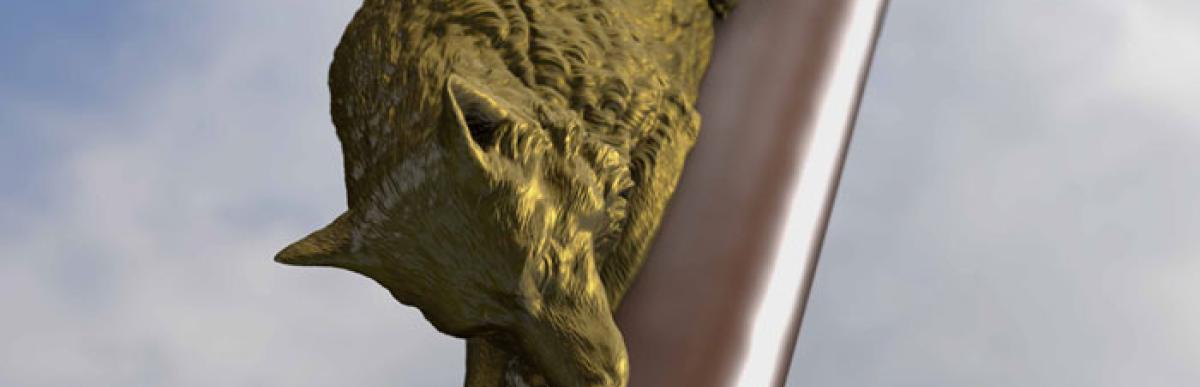 A shared Trail - sculpture by Brandon Vicard depicting a fox on a pipe