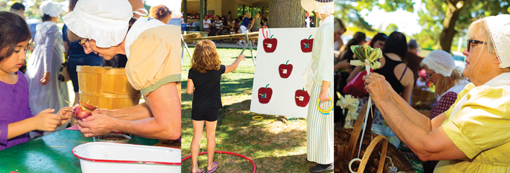 Collage of events from Apple Festival. Young girl playing ring toss, woman with bonnet making an apple corsage.