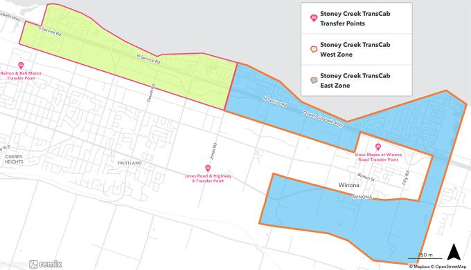 map of Stoney Creek Trans Cab Zones