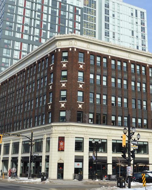 Street view of Lister Block Building at corner of James Street and King William Streets