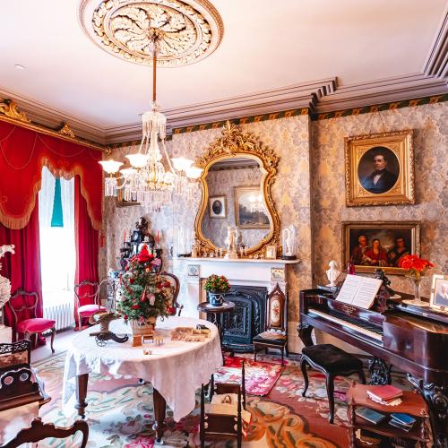 Formal room of historic Whitehern home decorated for Christmas holidays