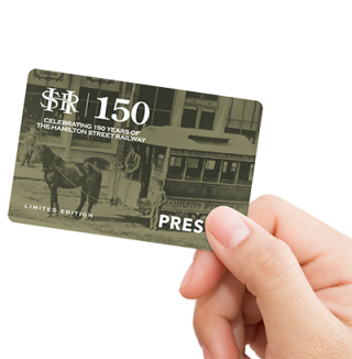 HSR 150 commemorative PRESTO card showing vintage HSR photos on card