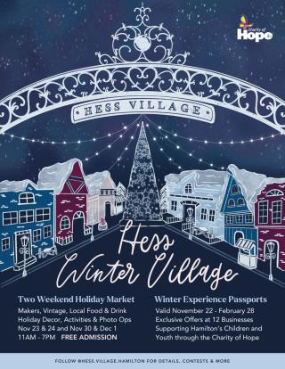 Hess Winter Village - illustration of shops and holiday tree